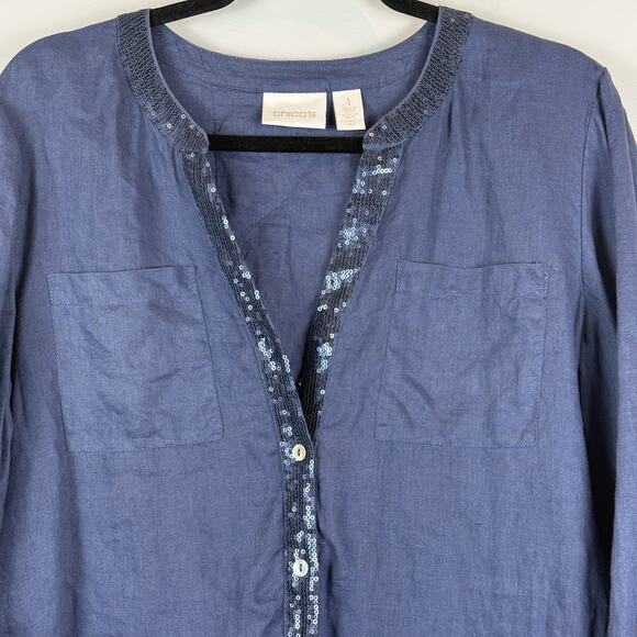 Chico's Linen Top Women 1 US M Blue Sequin Button Up Roll Tab Crochet Beach Boho - Picture 2 of 9